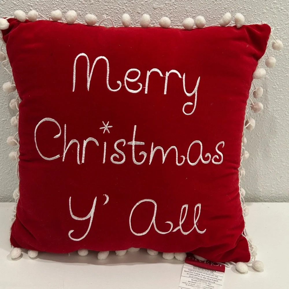 Vintage Red Velveteen “Merry Christmas Y’all” PomPom Throw Pillow